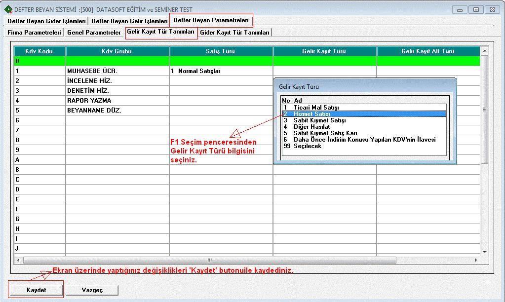 Not: Bu menü içerisinde otomatik gelen KDV Grubu alan adları ; daha önce Büro Bilgi Sistemi programı Ana Menü-> Firma Parametreleri Menüsü-> KDV Grup Tanımları menüsünde tanımlandığı