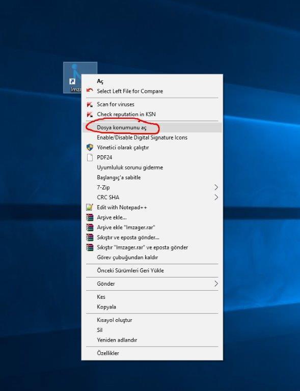 İmzager programının bulunduğu klasörü açma Burada boş bir alanda sağ klik yapıp