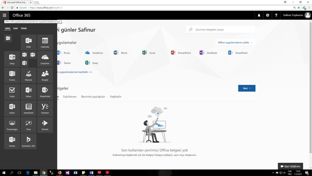 3 Office 365 platformuna giriş yapıldıktan sonra Posta, OneDrive, Word gibi sık kullanılan uygulamaların online