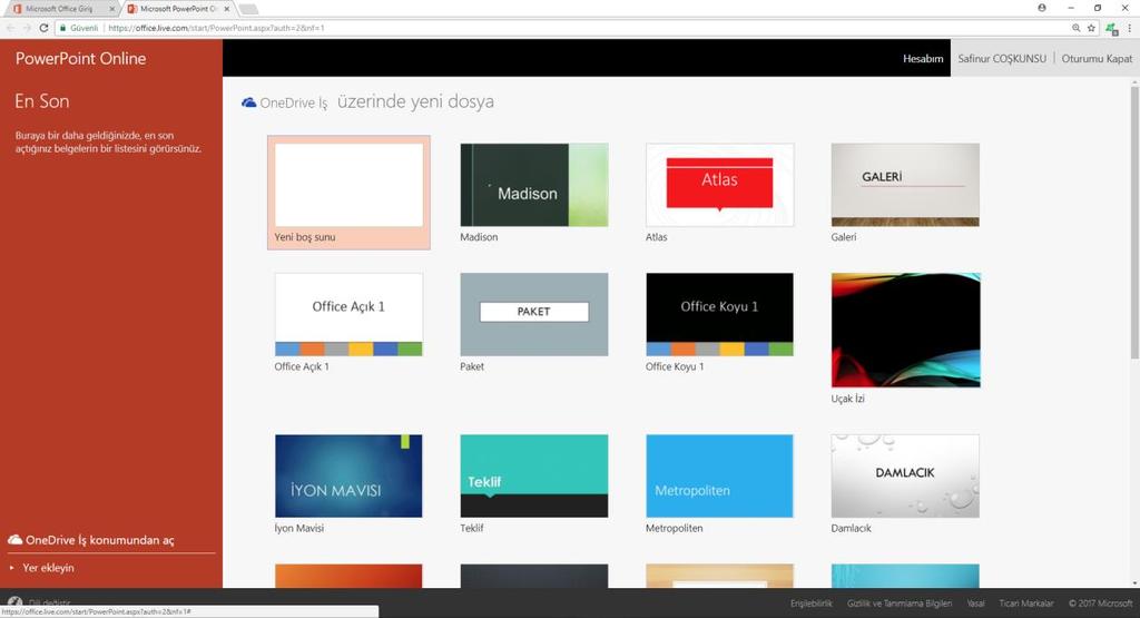 6 PowerPoint bir sunu tasarlama ve düzenleme yazılımıdır. Office 365 ile PowerPoint uygulamasını online olarak kullanabilmek mümkündür (Şekil 9). Şekil 9.