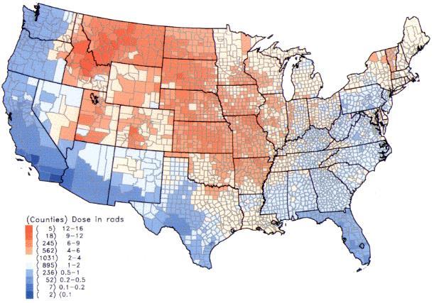 Nükleer silah denemeleri: Amerika 1952-1957 arasında yapılan 90 nükleer silah denemesi sonucunda: Çevreye 5,55 Trilyon (10 18 Bq) (Iod- 131) radyoaktif iyot yayıldığı tahmin ediliyor Tahmini Tiroit