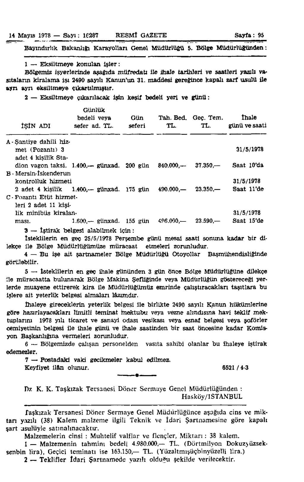 14 Mayıs 1978 Sayı: 16287 RESMÎ GAZETE Sayfa: 95 Bayındırlık Bakanlığı Karayolları Genel Müdürlüğü 5.