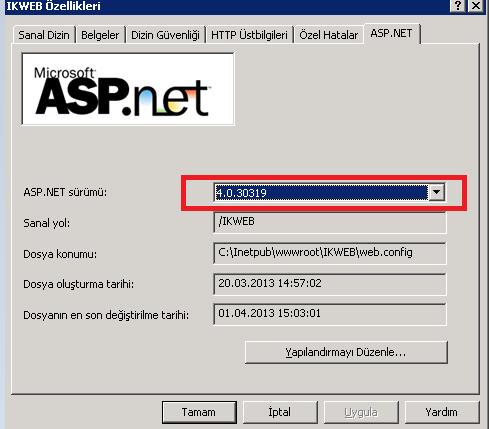 ASP.net in versiyonunu 4.0.30319 olmalıdır. Kontrol edilmelidir. HATA 8: 403.