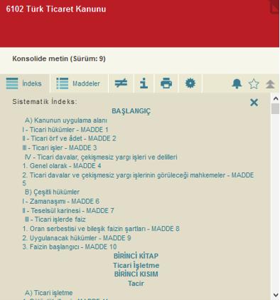 5.1 METNİN ÜST KISMINDAKİ ARAÇ ÇUBUĞUNDAKİ SİMGELERİN GÖREVLERİ; İndeks İlgili düzenlemenin sistematik