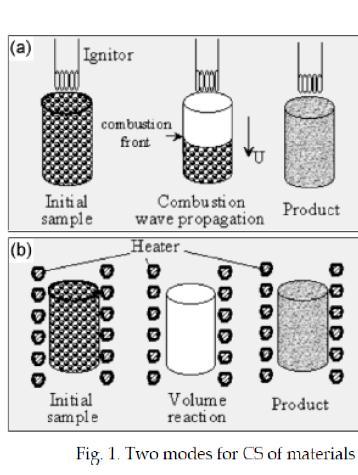 Yanma sentezi iki şekilde meydana gelebilir: i)kendiliğinden ilerleyen yüksek sıcaklık sentezi (self - propagating high temperature synthesis -SHS) ve hacim yanma sentezi (volume combustion synthesis