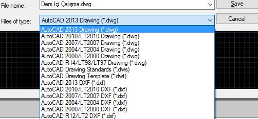 AutoCAD 2014 Kullanımı Dosya İşlemleri SAVE (KAYDETMEK) Save komutu, AutoCAD ortamında hazırlanmış çizim dosyalarını daha sonra tekrar kullanılmak üzere kaydeder.