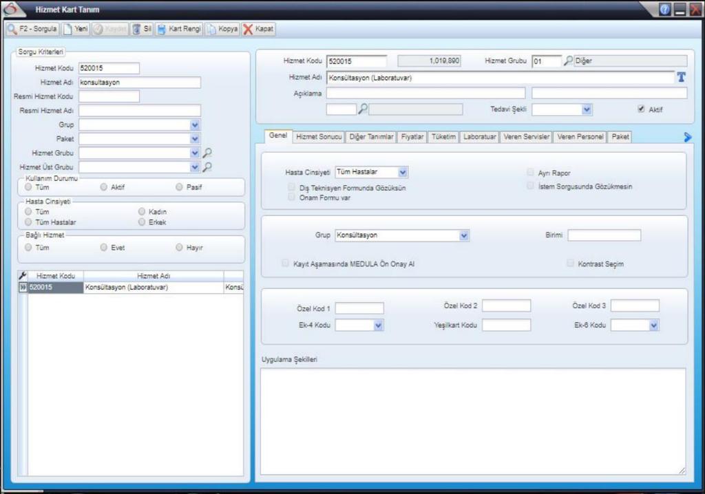 Sayfa No : 6 / 22 2. AKILCI LABORATUVAR KONSÜLTASYON İSTEMİ Konsültasyon istemi 2.0.2.336 versiyon ile aktif edilmiştir. Görsel 4.0 - Hizmet Kart Tanım 1.