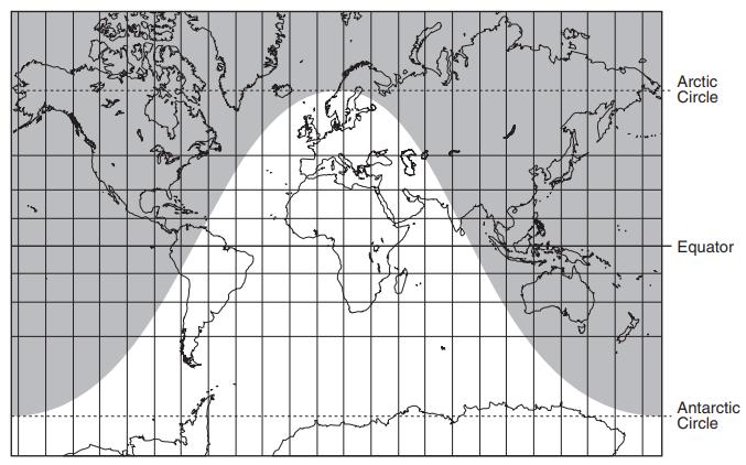 16- Haritanın gölgeli kısmı gece alanlarını gösterir ve gölgelenmemiş kısım, 21 Aralık'ta belirli bir saatte gün ışığı alan bölümleri gösterir.