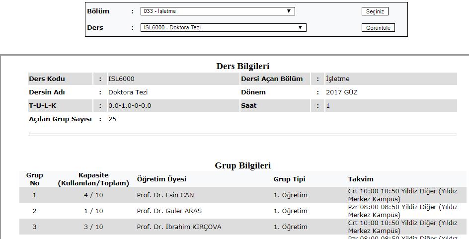 hangi öğretim üyesinin verdiğini ve 5 numaralı alan dersin saatini ve hangi kampüste verildiğini göstermektedir.