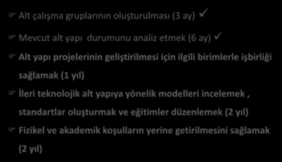 STRATEJİK HEDEFLER Alt çalışma gruplarının oluşturulması (3 ay) Mevcut alt yapı durumunu analiz etmek (6 ay) Alt yapı projelerinin geliştirilmesi için ilgili birimlerle işbirliği sağlamak