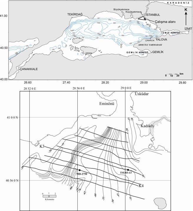 K. K. Eriş, N. Çağatay ERDEK KÖRFEZİ Şekil 1. Marmara Denizi batimetrisi üzerinde (üstte) çalışma alanı ve İstanbul Boğazı girişinde çalışılan sismik profil ve karotların yerleri (altta).