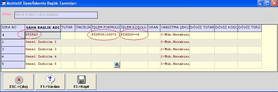 Müstahsil Makbuzu Faturası kullanan şirketin FATURA2 modülünden Ekran 18 deki Servis, Đndirim Masraf Saha Başlıkları, Genel Đndirim Saha Başlıkları bölümüne girilir.