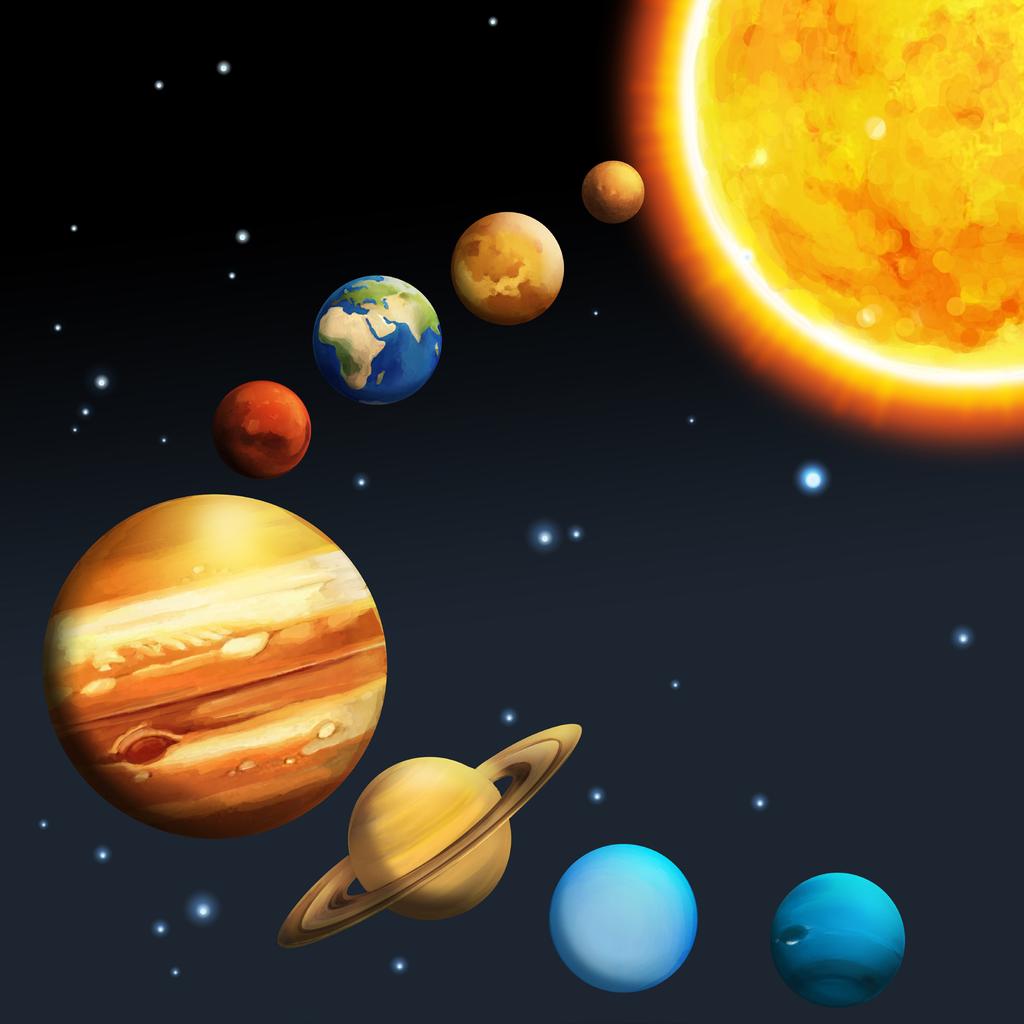 GÜNEŞ SİSTEMİ ETİNLİ - 3 Aşağıdaki Güneş sistemi modelinde gezegenlerin isimlerini yazınız. Modelin altındaki soruları cevaplayınız. Merkür Venüs Dünya Mars Jüpiter Güneş Satürn Uranüs Neptün 1.