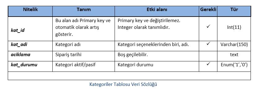 Veri Sözlüğü Nesne İlişki şemalarında belirtilen nesne özelliklerinin ayrıntılı tanımları Veri Sözlüğünde yer alır.