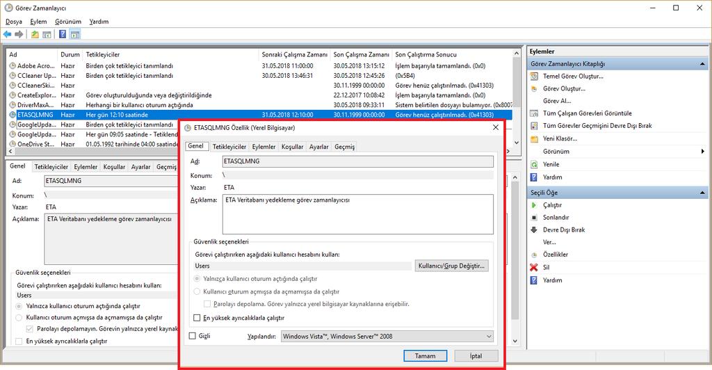 Ekran 4: Windows Görev Zamanlayıcı (ETASQLMNG görevi) Veritabanı (şirketlerin) Yedeklerinin Manuel Alınması ETASQLMNG programında manuel yedek alma toplu ya da tekli olarak yapılabilir.