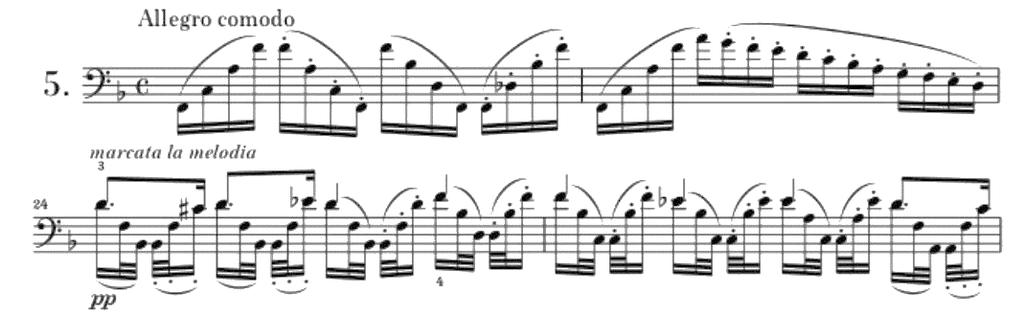 Bu kaprisin Scherzo formundaki ilk konusunda, Allegretto temposu ile ritmik bir karakterde, martele ve staccato yay tekniklerinin kullanılmaktadır.