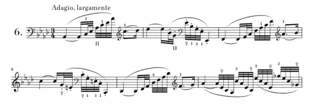 Kapris No: 6 Adagio largamente temposu ile La bemol Majör ve La bemol Minör tonalitelerinde yazılmıştır.