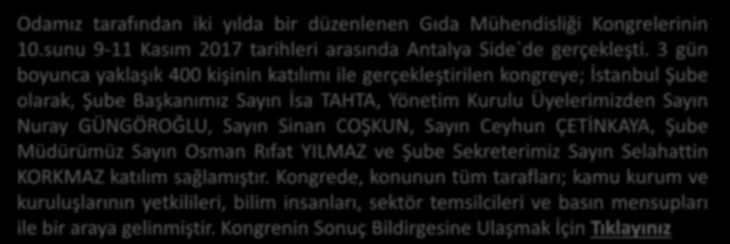 10.GIDA MÜHENDİSLİĞİ KONGRESİNE KATILIM SAĞLADIK Odamız tarafından iki yılda bir düzenlenen Gıda Mühendisliği Kongrelerinin 10.