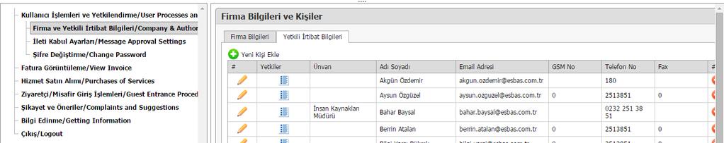 FİRMA VE YETKİLİ İRTİBAT BİLGİLERİ -Firma ve Yetkili İrtibat Bilgileri sekmesini tıkladığınızda karşınıza ilk olarak Yetkili İrtibat Bölümü çıkacaktır.