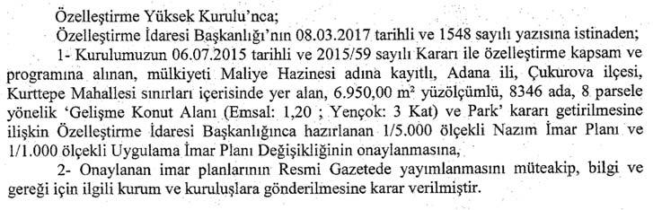 Özelleştirme İdaresi Başkanlığından: ÖZELLEŞTİRME YÜKSEK KURULU