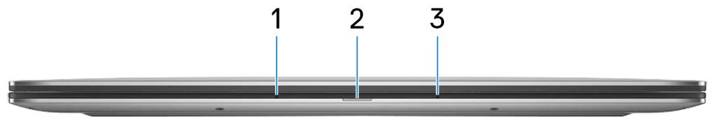 Görünümler Ön 1 Sol mikrofon Ses kaydı ve sesli çağrılar için dijital ses girişi sağlar. 2 Güç ve pil şarj durum ışığı Bilgisayarın güç durumunu ve pil durumunu gösterir.