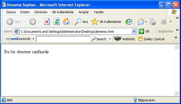 Örnek 1 Örnek 1 Sonuc NotePad programını açın ve şunları yazın: <title>deneme Sayfası</title> Bu bir deneme sayfasıdır Dosyayı kaydedin (Dosya/Farklı Kaydet...). Dosya adı kısmına deneme.