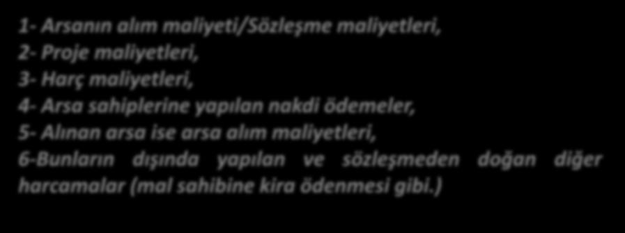 İNŞAAT Başlangıç Maliyetler 1- Arsanın alım maliyeti/sözleşme maliyetleri, 2- Proje maliyetleri, 3- Harç maliyetleri, 4- Arsa sahiplerine yapılan nakdi