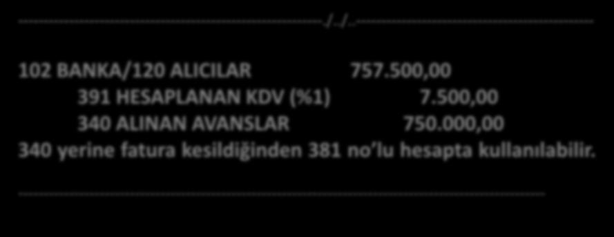 İNŞAAT ------------------------------------------------------------./../..----------------------------------------------- 102 BANKA/120 ALICILAR 757.500,00 391 HESAPLANAN KDV (%1) 7.