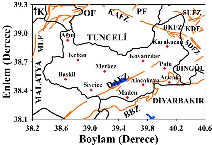 Şekil 1. Elazığ ve civarı için ana tektonik yapılar. Faylar, Şaroğlu vd., 1992, Bozkurt, 2001 ve Ulusay vd., 2004 den alınmıştır. Bazı önemli merkezler harita üzerinde gösterilmiştir.