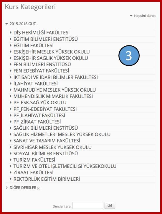 5. DERSLERE ERİŞİM Anasayfada bulunan orta dikey blokta (3) bulunan ders kategorileri (course categories) başlığı altında, içinde bulunulan dönem içerisinde, üniversitemiz kapsamındaki bölümlerde