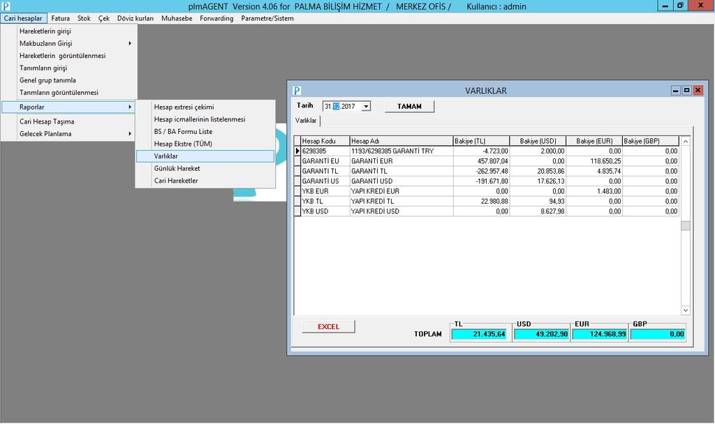 bırakılmalıdır. CARİ HESAPLAR Raporlar Varlıklar Firmanın varlıklarının görüntülendiği rapordur.