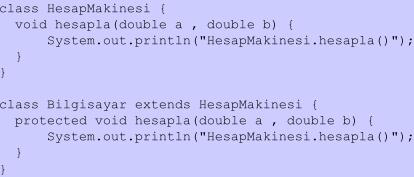 İptal Etmek (Overriding) HesapMakinesi sınıfı içerisinde tanımlanan ve friendly erişim belirleyicisi olan hesapla() yordamı, türeyen alt sınıf