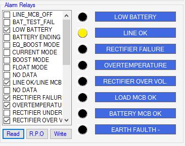 d. Kuru Kontak Programlama : 1- Line MCB OFF/ON Giriş Sigortası Kapalı/Açık 2- Battery Test Fail Akü Testi Arızası 3- Low Battery Akü Düşük 4- Battery Ending Akü Bitiyor 5- Equalize Boost Ekonomik