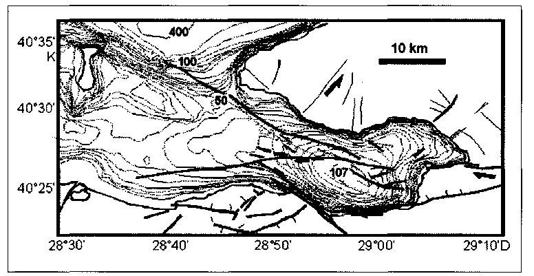 GEMLİK KÖRFEZİ YÜZEY ÇÖKELLERİNİN ÖZELLİKLER! 23 Şekil 1- Gemlik Körfezi ve çıkışı batimetri ve aktif tektonik haritası (Yaltırak ve Alpar, 2002'den değiştirilerek).