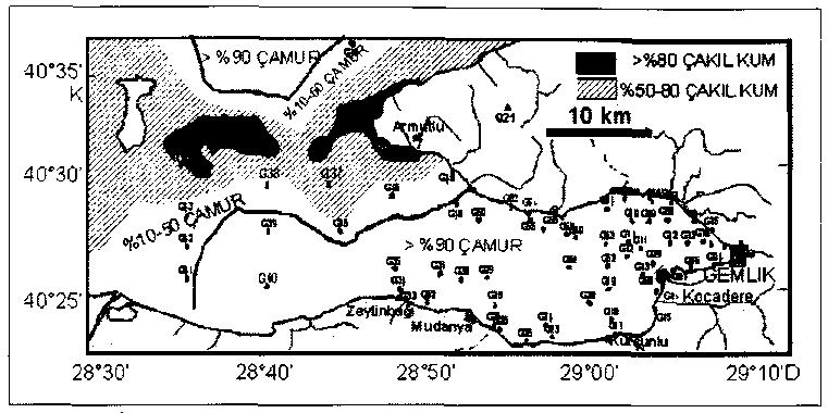 24 Engin MERİÇ, Niyazi AVŞAR, Atike NAZİK. Bedri ALPAR, Baki YOKEŞ, İpek F. BARUT ve Selma ÜNLÜ Şekil 2- Deniz tabanı sediment örnekleri yerleri ve tane boyuna göre litolojik dağılım haritası.