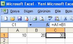 Örnek olarak A1 ve B1 hücrelerindeki iki sayıyı toplamak için bir formül hazırlayalım.