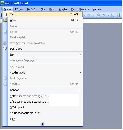 Bu sayfada bulunan Dosya menüsü altındaki Yeni komutu seçilerek veya Yeni