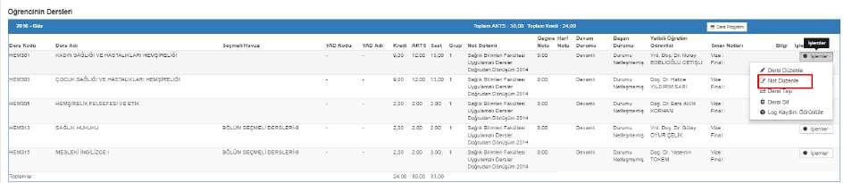 Tüm işlemlerden sonra KAYDET butonuna basıldığında ders düzenleme işlemi tamamlanmış olur. NOT DÜZENLE Dersin not bilgileri üzerinde düzenleme işlemlerinin yapılabileceği bölümdür.