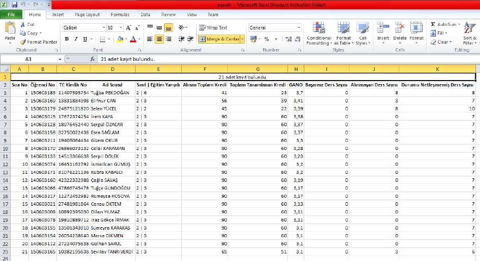 Kaydedilen %10 a giren öğrenci listesi excel olarak alınmak istenirse üst kısımda yer alan