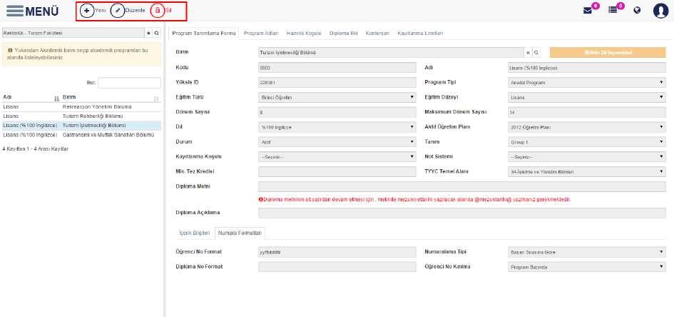 Mevcut Akademik Programların görüntülenmesi için sayfasının sol tarafında yer alan Birim seçiniz alanından Birim seçimi yapılır. Birime ait programlar listelenir.