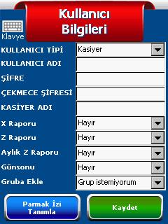 Kasiyer Tanımlama butonuna basıldığında açılan ekran yandaki resimde görülmektedir. Parmak izi tanımlama butonuna basılarak kasiyerin girişlerde kullanabileceği parmak izi tanımlaması yapılır.