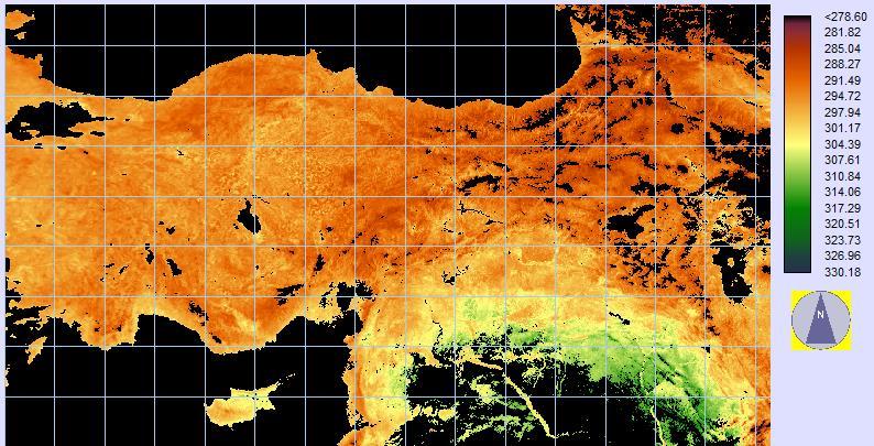 106 Şekil. 0 Mayıs 00 tarihli Becker- Li-1990 algoritmasına göre yer yüzey sıcaklığı haritası(k).