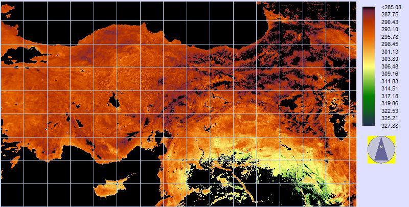0 Mayıs 00 tarihli Ulivieri ve arkadaşlarının (199) algoritmasına göre yer yüzey sıcaklığı haritası eşitlik(1) kullanılarak elde edilmiştir.