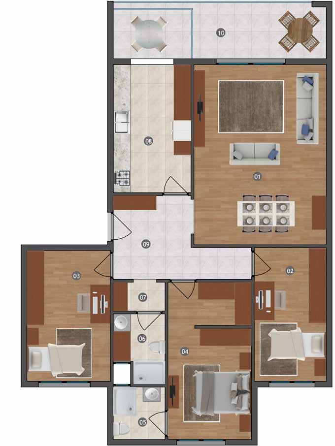 3+1 Daire Kat Planı 7 1 4 5 6 9 8 3 Net Alan : 115, 50 m 2 Brüt Alan : 127, 40 m 2 Genel Brüt Alan * :178, 35 m 2 10 * Kapalı otopark, sığınak ve diğer ortak alanlar dahil.