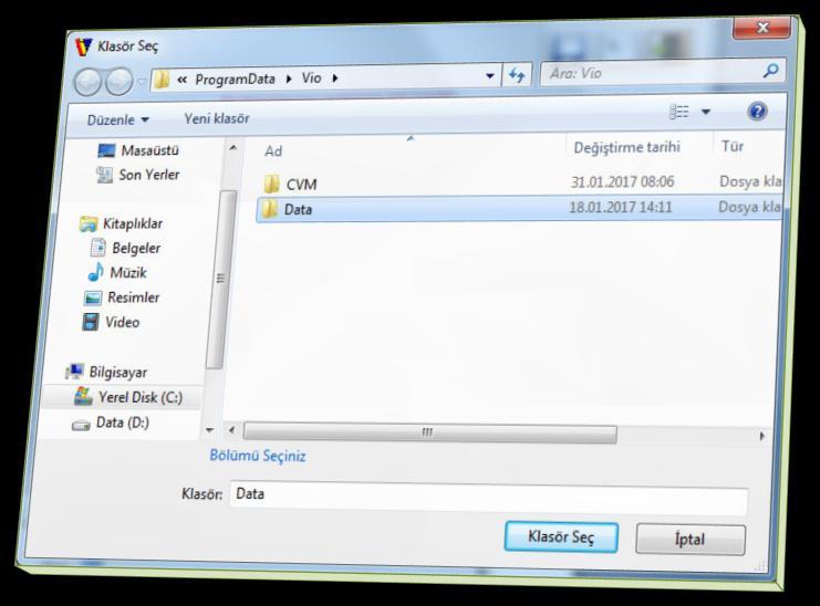 Word, Excel, Text vb dosyaların tutulacağı yer varsayılanda Belgelerim\Vio\Data bölümüdür. Bu bölüm belirtilirken tek kullanıcılarda.