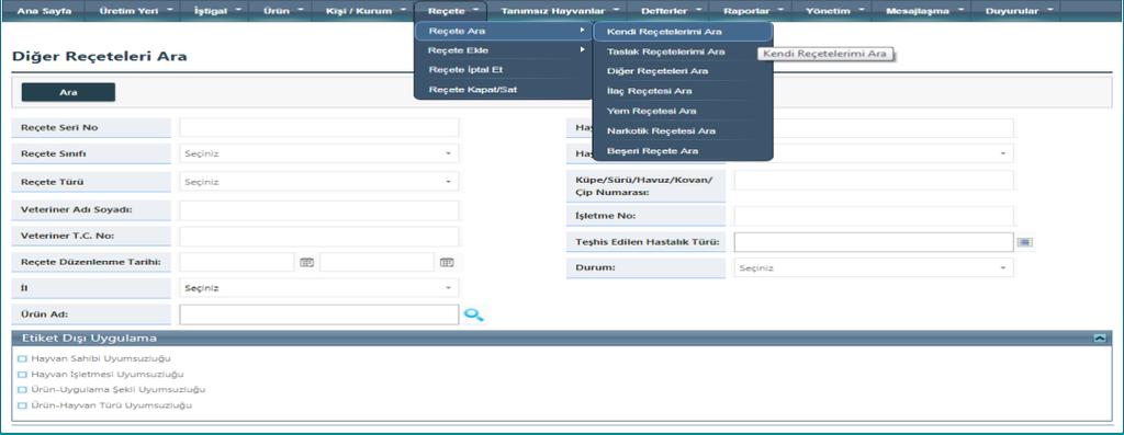 10. E-REÇETENİN ARANMASI, İPTALİ VE KAPATILMASI A- Reçete Ara 1. E Reçete Sisteminde ana sayfa üzerinden reçete araması yapılabilecektir. 2.