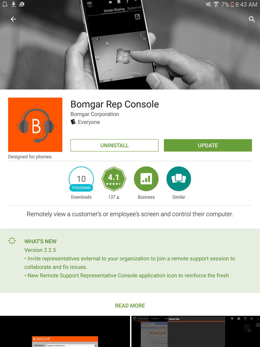 Connect Destek Teknisyeni Konsolunu Android'de Yükleme Android Bomgar destek teknisyeni konsolu, Google Play'den ücretsiz olarak indirilebilir.