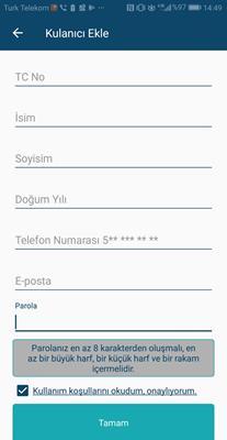 Ekran 2. Uygulamaya ilk giriş ekranı Uygulamayı ilk kez indiren kullanıcı, Kayıt Ol yazısını tıklayarak, Kullanıcı Ekle ekranını görüntüler.