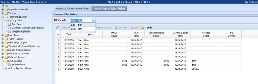 ONAYLAMA İŞLEMLERİ Hazırlanan her bir TİF in sistem üzerinden onaylanması gerekir. Sistem üzerinden onaylanmadıkça TİF numarası ve dayanıklı taşınır sicil numarası alınamaz.