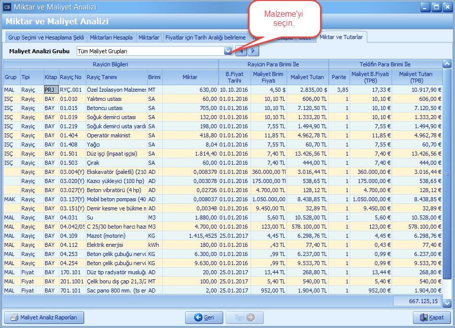 Maliyet Analizi 86 Malzemeleri tutara göre siralatarak en
